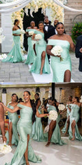Mint Green One Shoulder Bridesmaid Dresses Maxi Long Wedding Party Dress Side Slit 