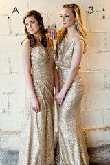 Mismatch Gold Bridesmaid Dress Sequins Long Wedding Party Dress