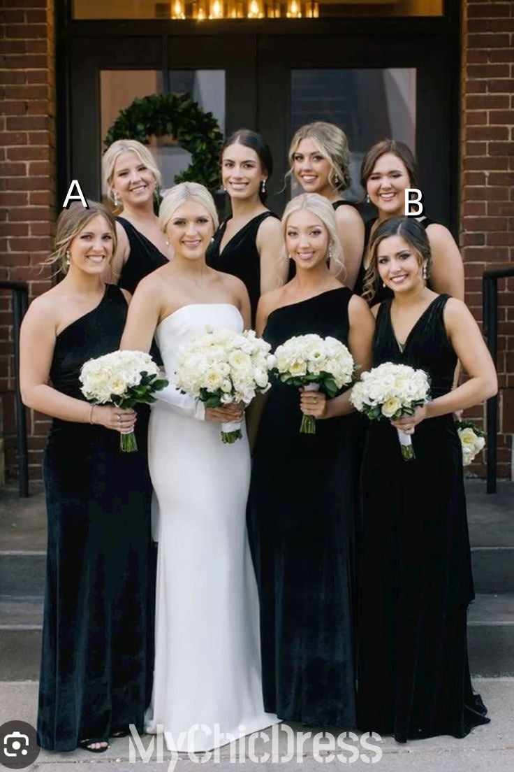 Mix-and-Match Black Velvet Bridesmaids Dresses for Winter Wedding