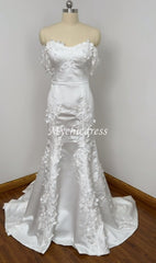 Modern 3D Floral Satin Wedding Dress Beach Off the Shoulder Bridal Dress