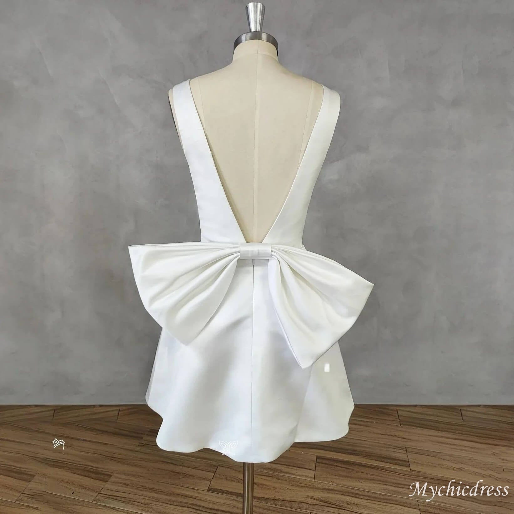 Modern Short Wedding Dress Satin V-Neck with Bow - MyChicDress