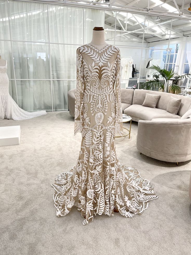 Modest Boho Wedding Dresses Champagne Lace With Long Sleeve V Back - MyChicDress