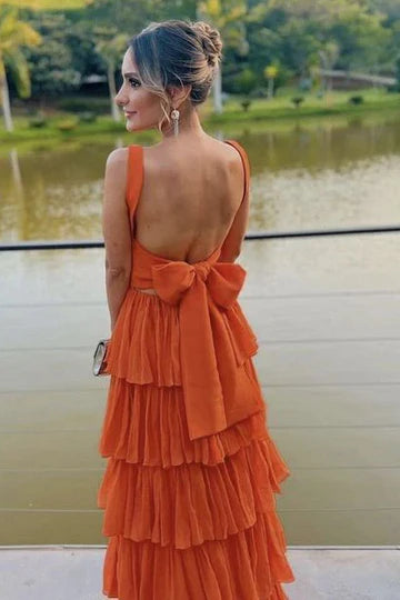 Modest Orange Prom Dress Layered Straps Women Formal Wear