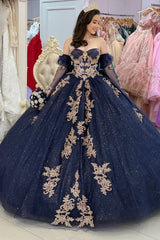 Navy Blue Quinceanera Dresses with Gold Appliqued Detachable Sleeves