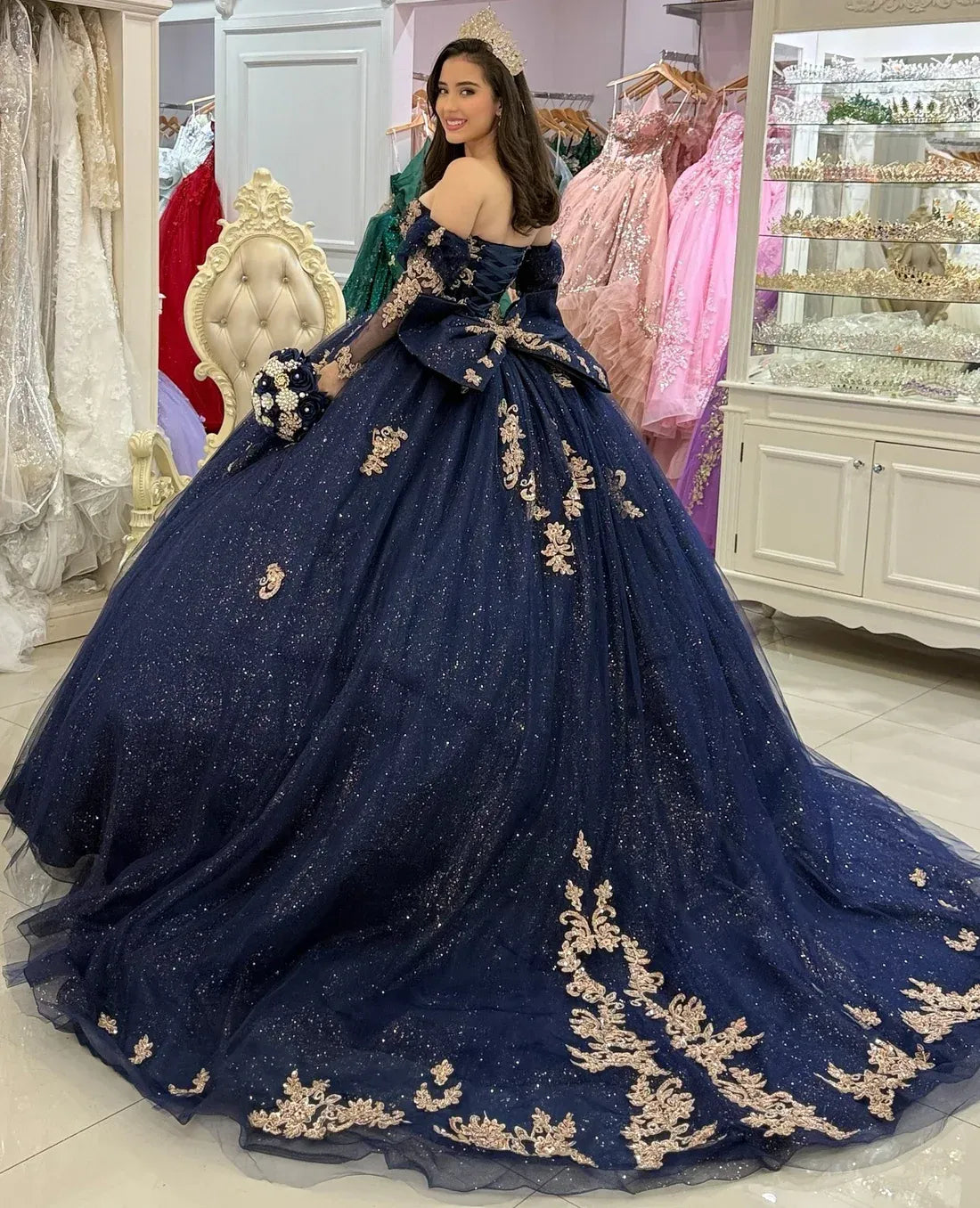 Navy Blue Quinceanera Dresses with Gold Appliqued Detachable Sleeves