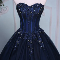 Navy Blue Quince Dresses Long Evening Dress Crystal Bead Applique