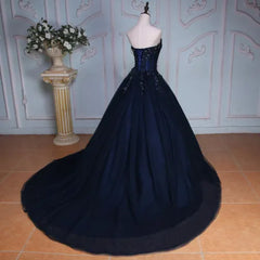 Navy Blue Quince Dresses Long Evening Dress Crystal Bead Applique