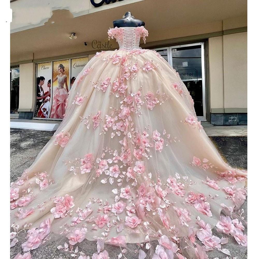 New Lace Pink Quinceanera Dress Off The Shoulder 3D Flowers Sweet 16 Dress Custom Size / Custom Color New Lace Pink Quinceanera Dress Off The Shoulder 3D Flowers Sweet 16 Dress Custom Size / Custom Color
