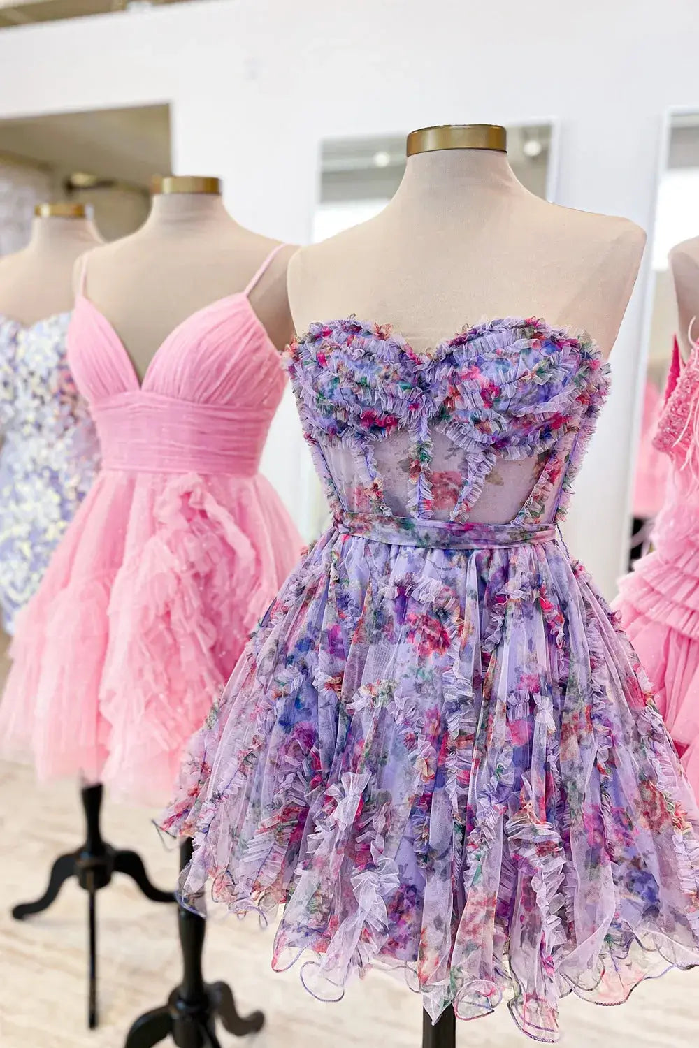 New A Line Lilac Floral Homecoming Dress with Tulle Bodice