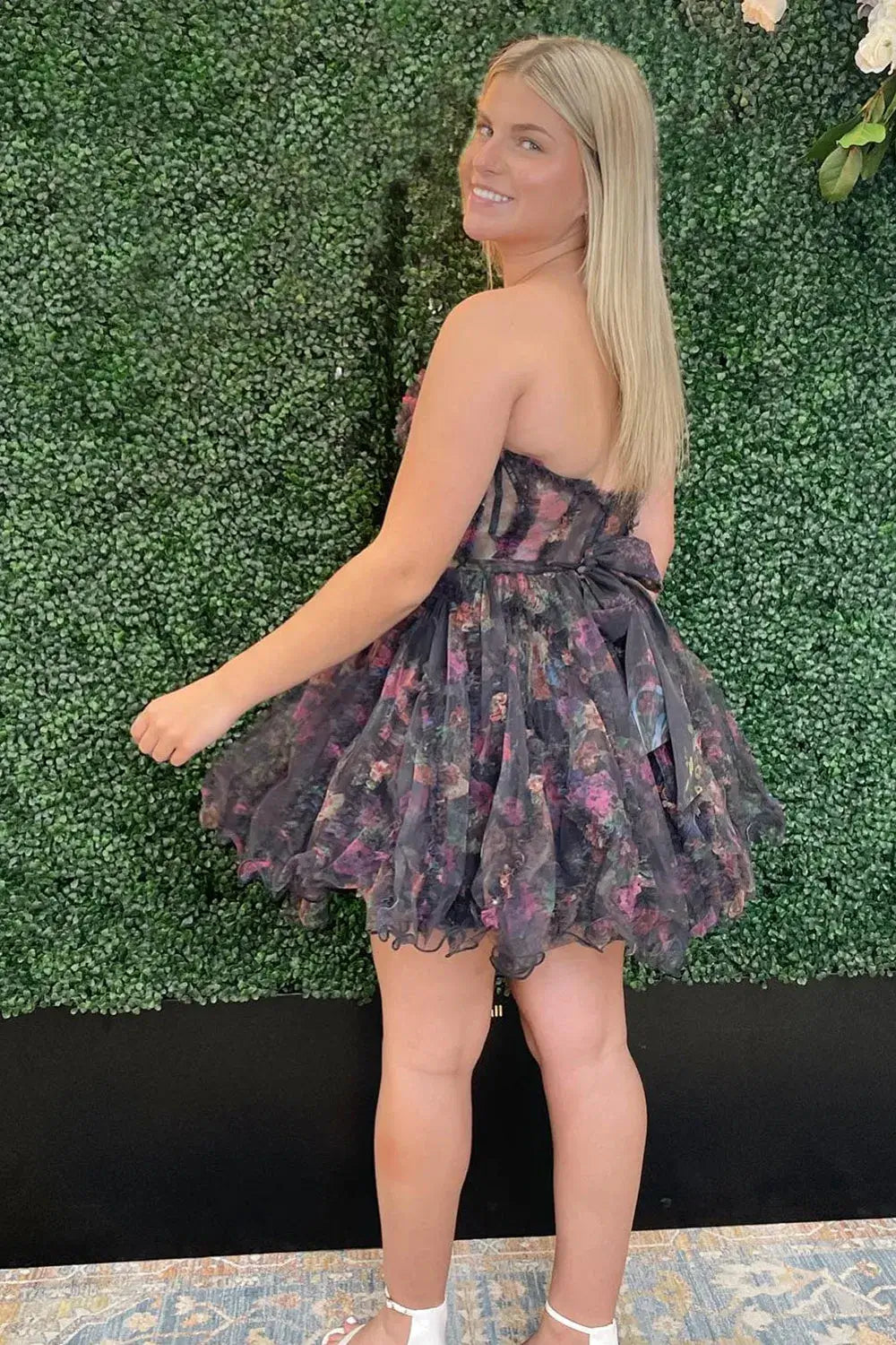 New A Line Lilac Floral Homecoming Dress with Tulle Bodice