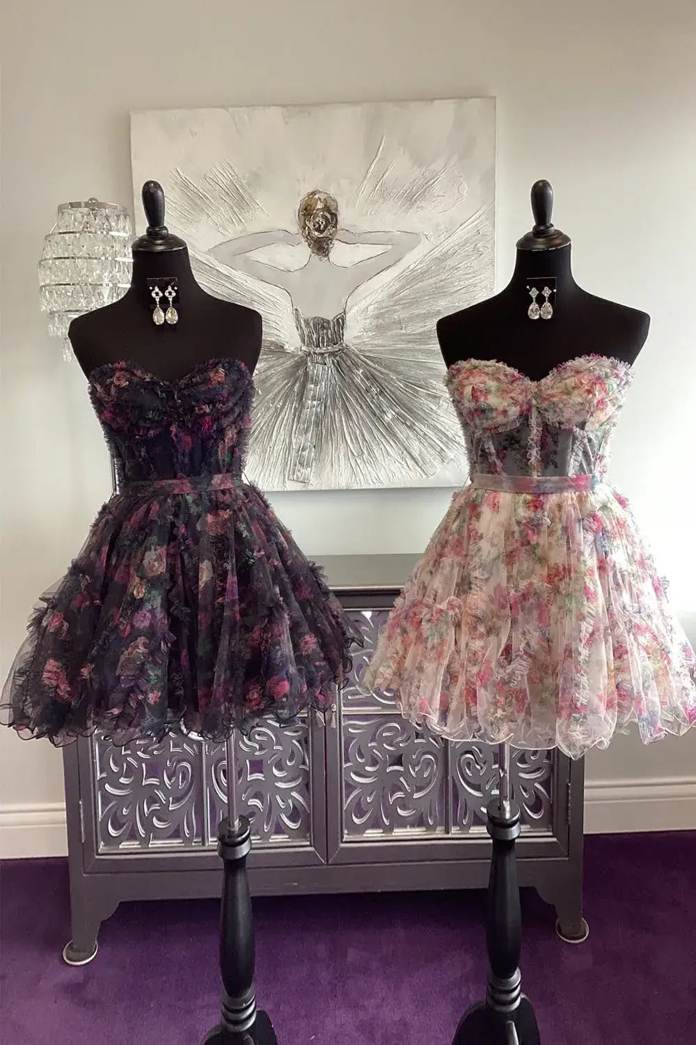 New A Line Lilac Floral Homecoming Dress with Tulle Bodice