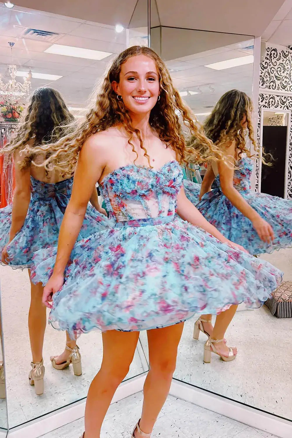 New A Line Lilac Floral Homecoming Dress with Tulle Bodice