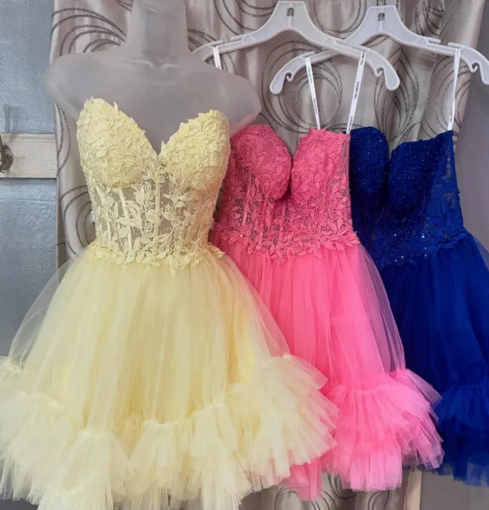 New A Line Lace Pink Homecoming Dresses with Ruffles Sweetheart