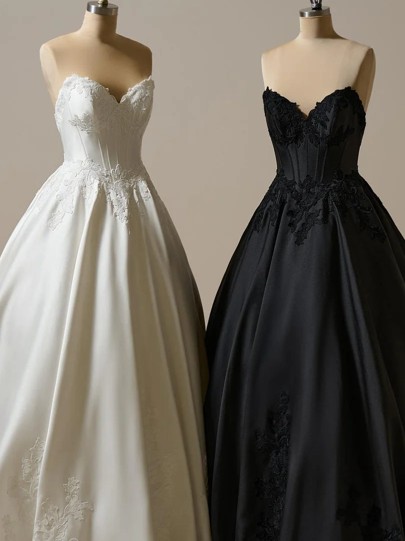 New Design Strapless Black Wedding Dress Lace Appliques V-Neck