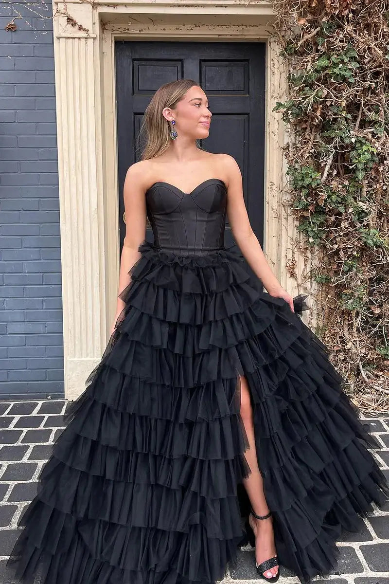 New Design Strapless Ruffles Prom Dress Tulle Long Formal Gown