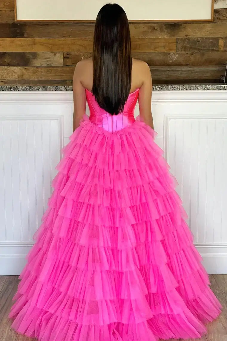 New Design Strapless Ruffles Prom Dress Tulle Long Formal Gown