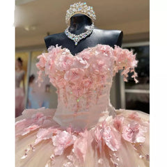 New 2025 Lace Pink Quinceanera Dress Off The Shoulder 3D Flowers Sweet 16 Dress
