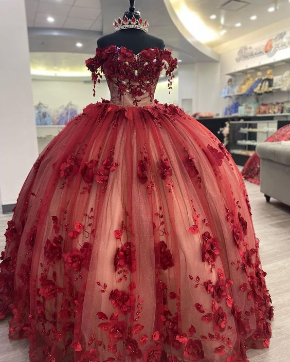 New Off Shoulder red Quinceanera Dress 3D Flowers MyChicDress