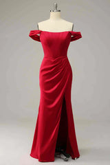 New Off-the-Shoulder Green Satin Evening Dress High Slit Corset Back