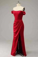 New Off-the-Shoulder Green Satin Evening Dress High Slit Corset Back