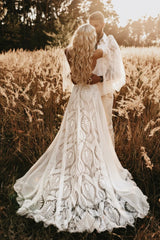 New Arrival Boho Beach White Wedding Dresses Lace Mermaid with Sleeves-back