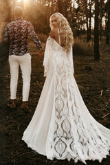 New Arrival Boho Beach White Wedding Dresses Lace Mermaid with Sleeves-back2