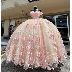 New 2024 Lace Pink Quinceanera Dress Off The Shoulder 3D Flowers Sweet 16 Dress