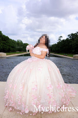 New 2025 Lace Pink Quinceanera Dress Off The Shoulder 3D Flowers Sweet 16 Dress - MyChicDress
