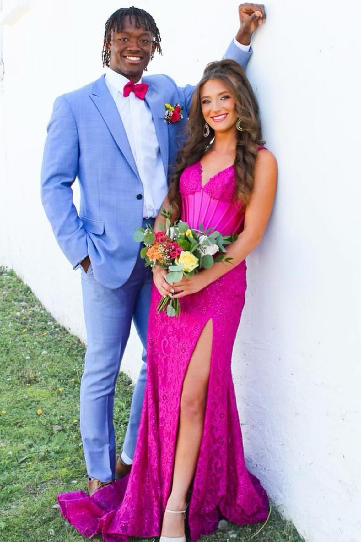 New Long Formal Dress V-neck Fuchsia Lace Mermaid Prom Gown with Slit - MyChicDress