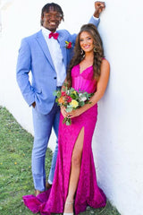 New Long Formal Dress V-neck Fuchsia Lace Mermaid Prom Gown with Slit - MyChicDress