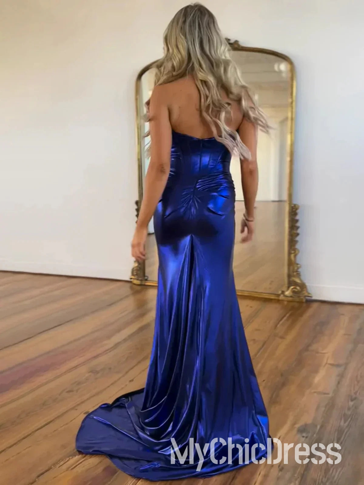 New Metallic Prom Dress Royal Blue Sweetheart Strapless With Side Slit