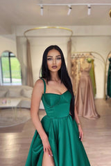 New Satin Emerald Green Prom Dress Long A-Line Evening Dresses