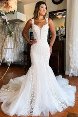 New White Lace Wedding Dress Mermaid Long Sweep Train