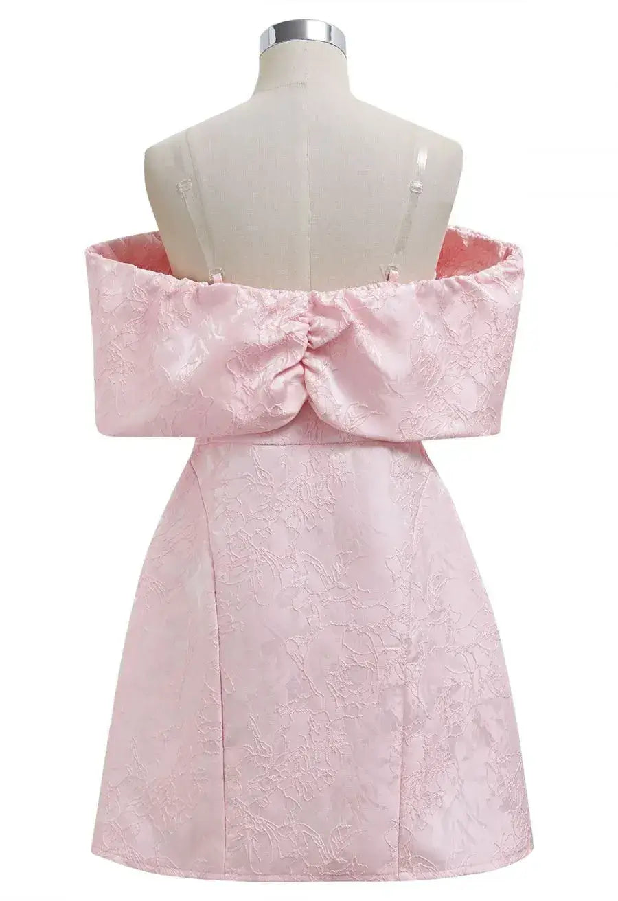 Off-Shoulder Jacquard Pink Mini Hoco Dress with Bow