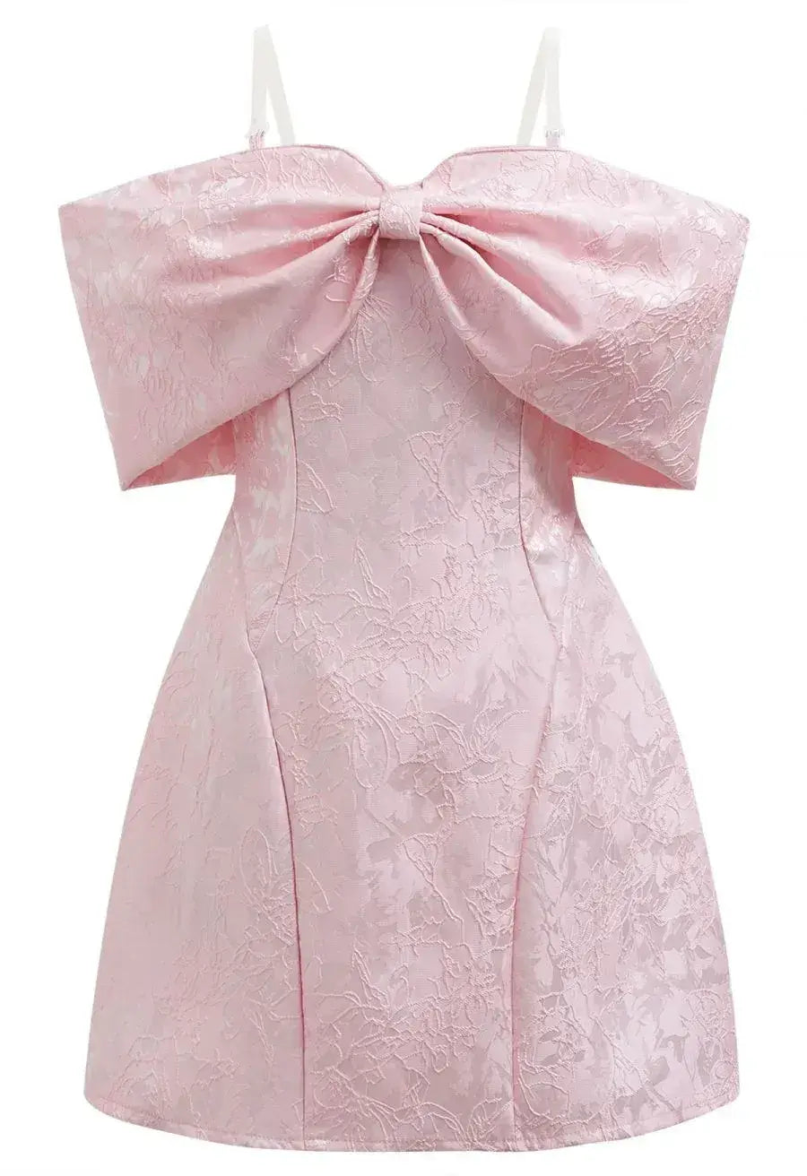 Off-Shoulder Jacquard Pink Mini Hoco Dress with Bow