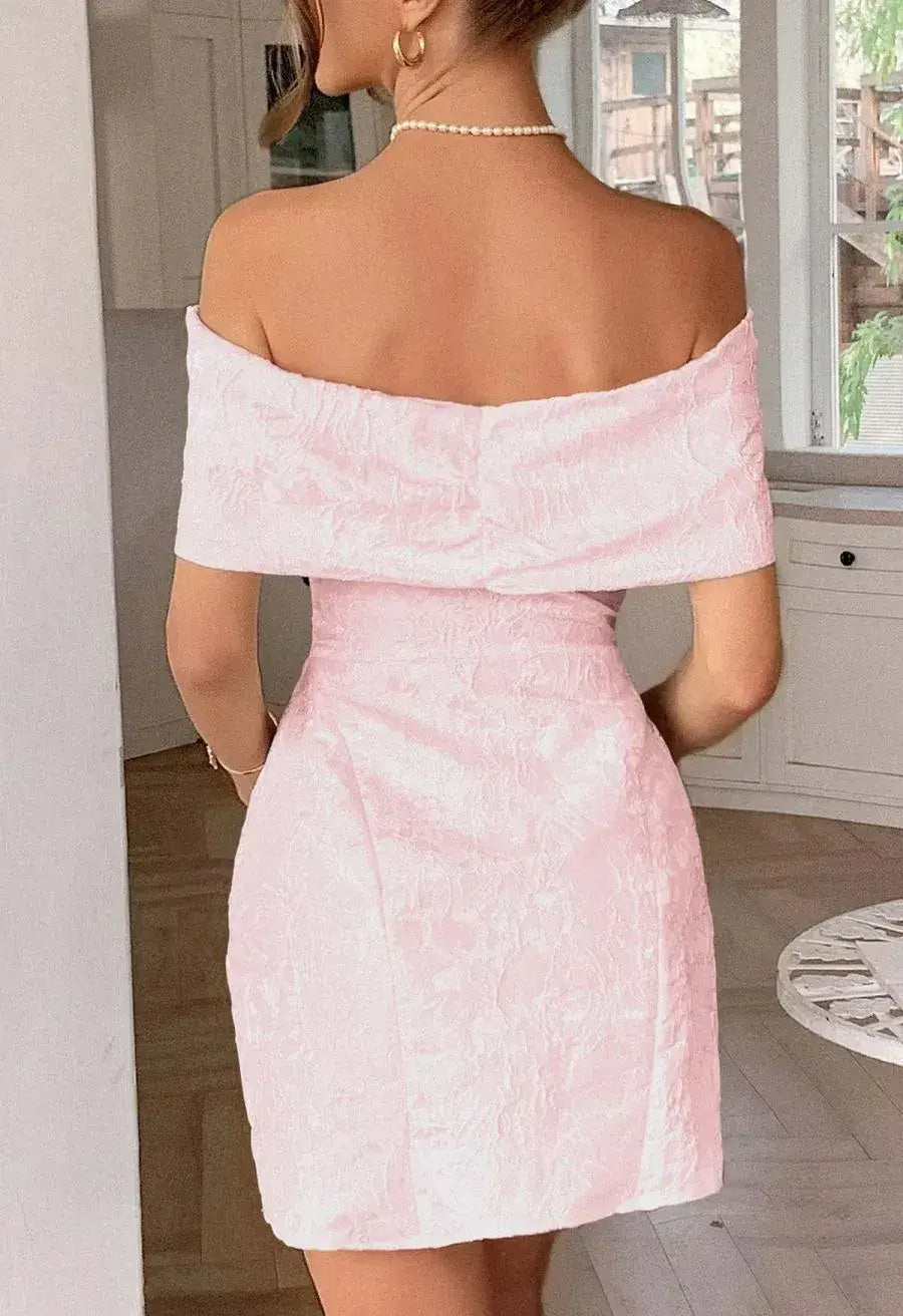 Off-Shoulder Jacquard Pink Mini Hoco Dress with Bow