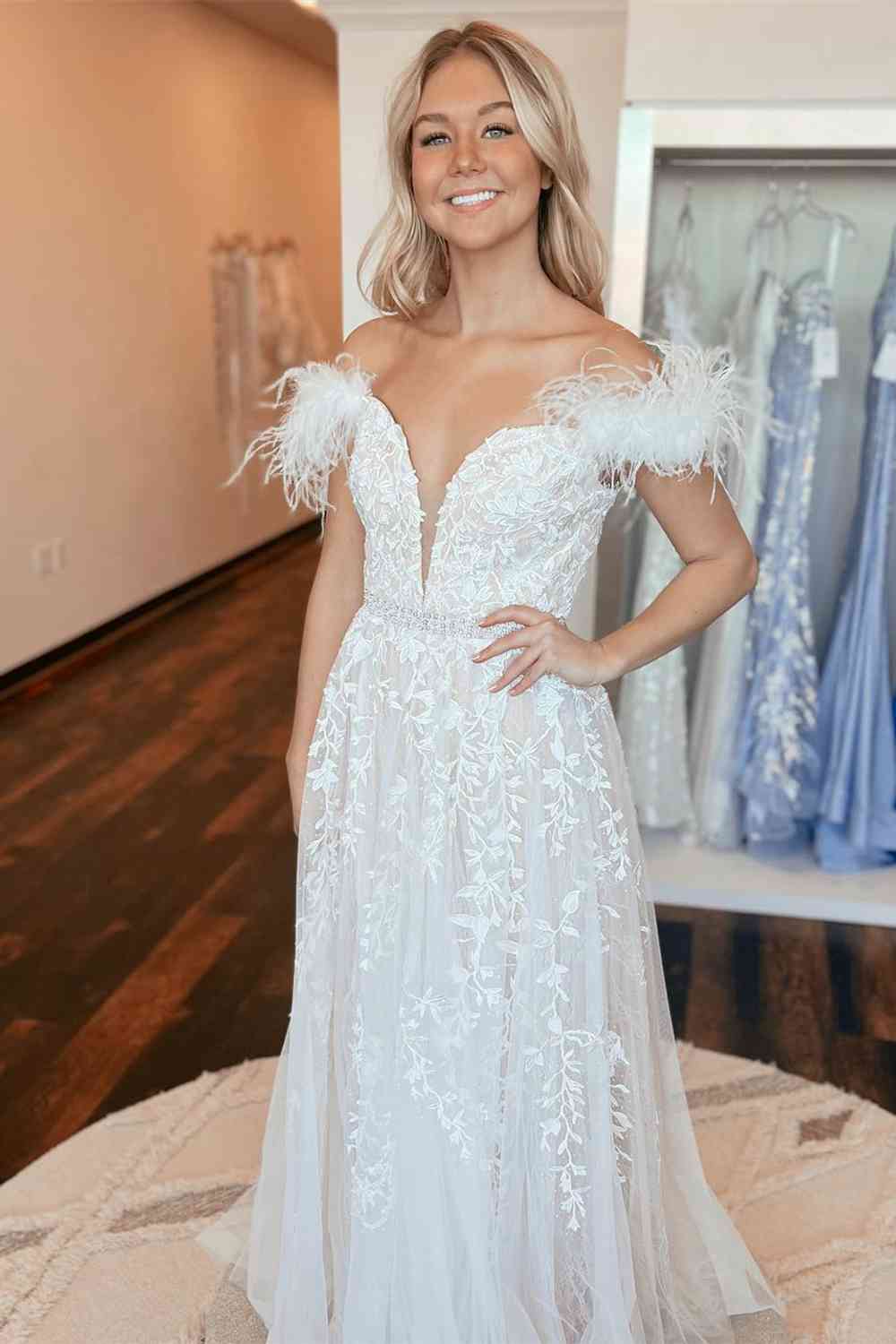 Off Shoulder Lace Prom Dresses Long V Neck Formal Dress with Feathers