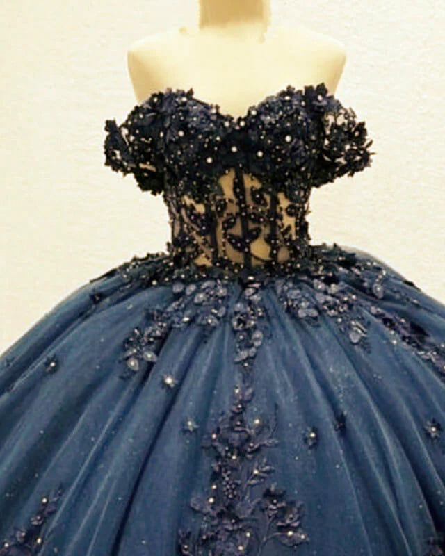 Off Shoulder  Navy Blue Quinceanera Dresses Lace Applique Sweet 16 Dress Beaded Mychicdress