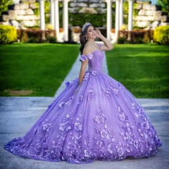 Off Shoulder Royal Blue Quince Dress 3D Flowers Vestidos XV Años