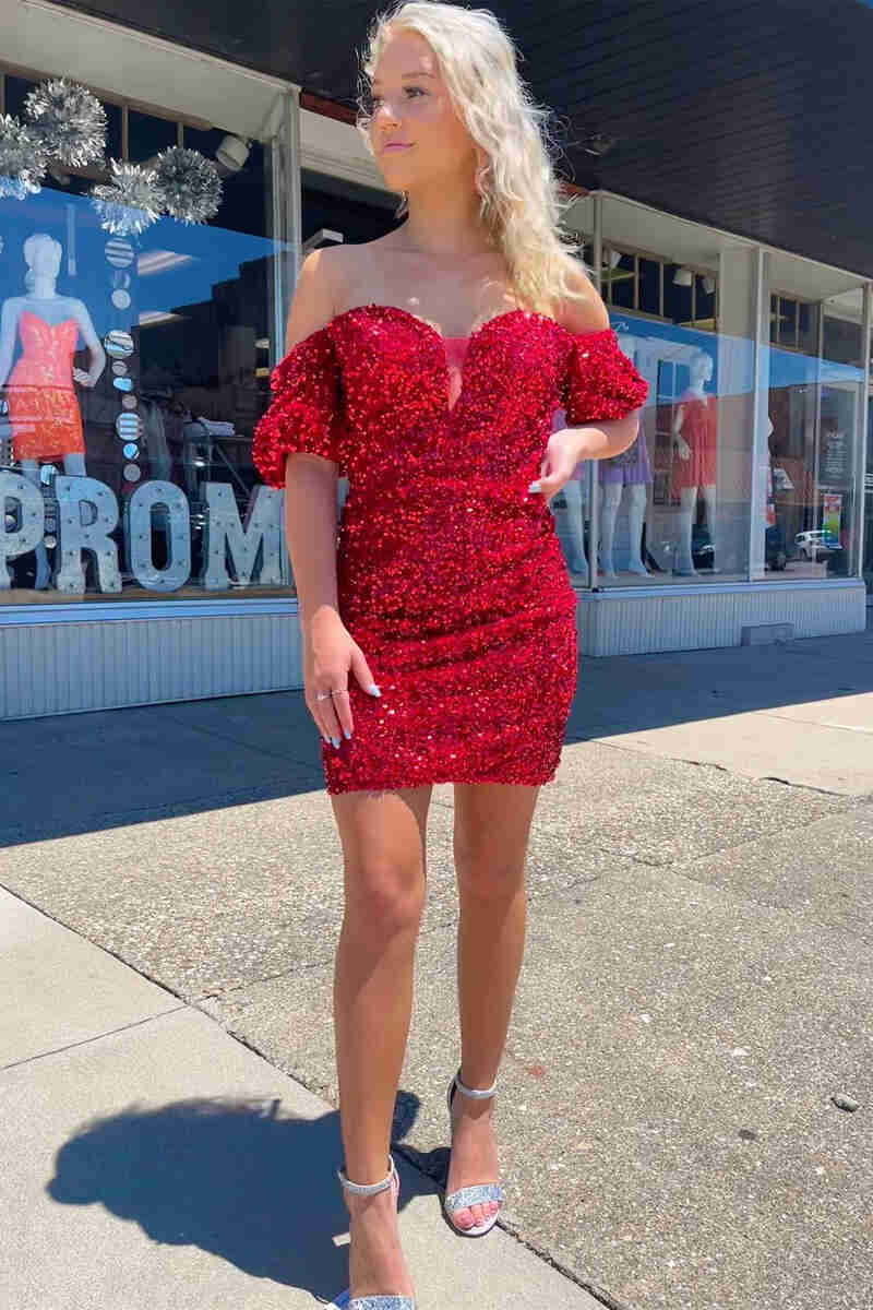 Off the Shoulder 2026 Sequin Homecoming Dresses Short Tight Cocktail Dress