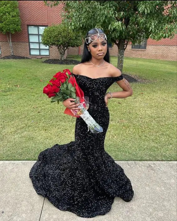 Off the Shoulder Light Blue Prom Dresses Sequin Mermaid Long Formal Dress