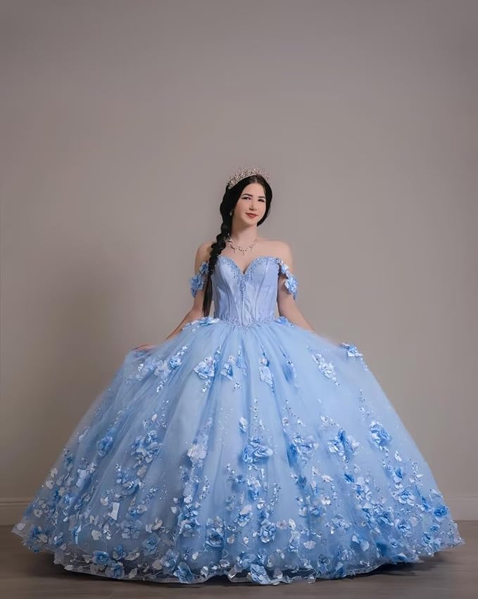 Off Shoulder Royal Blue Quince Dress 3D Flowers Vestidos XV Años