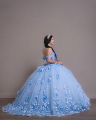 Off Shoulder Royal Blue Quince Dress 3D Flowers Vestidos XV Años