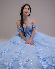 Off Shoulder Royal Blue Quince Dress 3D Flowers Vestidos XV Años