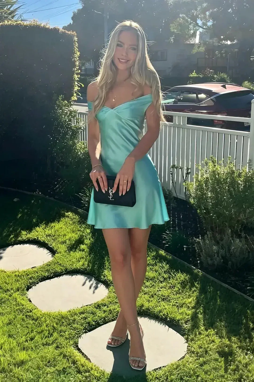 Off-Shoulder Tight Mini Homecoming Dress Casual Satin A-Line Hoco Dress