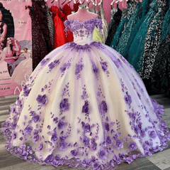Off Shoulder 2024 Lilac Sweet 16 Dress 3D Flowers Corset Quinceanera Dresses