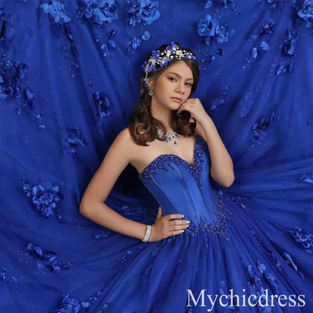 Off Shoulder Butterfly Royal Blue Quince Dress 3D Flowers Vestidos XV Años - MyChicDress