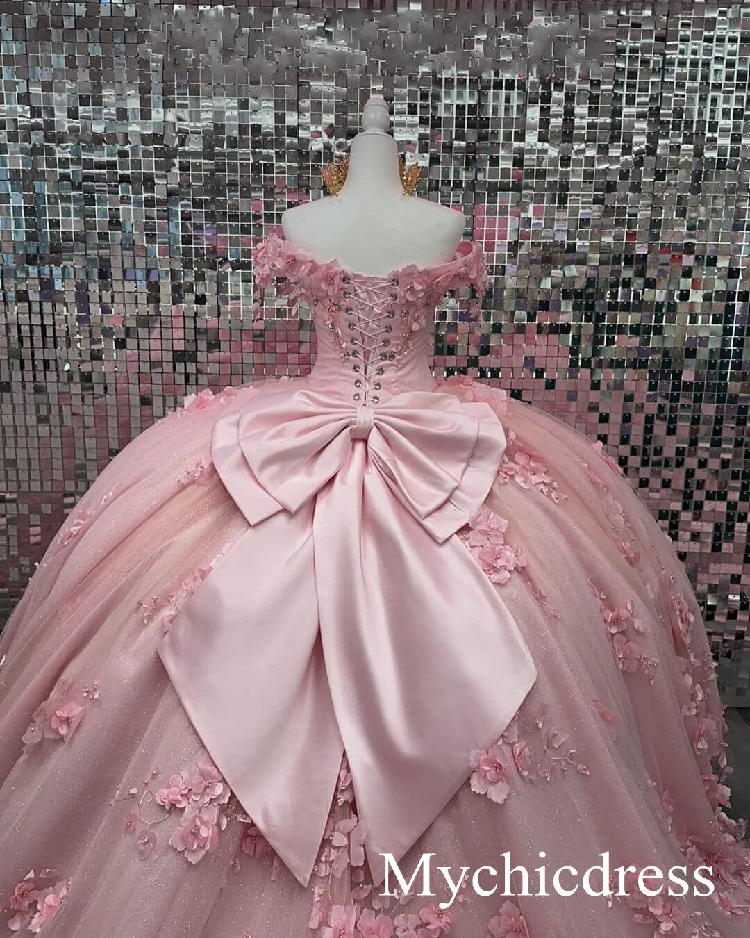 Off Shoulder Corset Pink Quinceanera Dresses 3D Flowers Appliques - MyChicDress