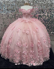 Off Shoulder Corset Pink Quinceanera Dresses 3D Flowers Appliques