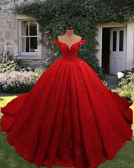 2024 Off Shoulder Glitter Ball Gown Wedding Dresses Red Sequin Bridal Wear